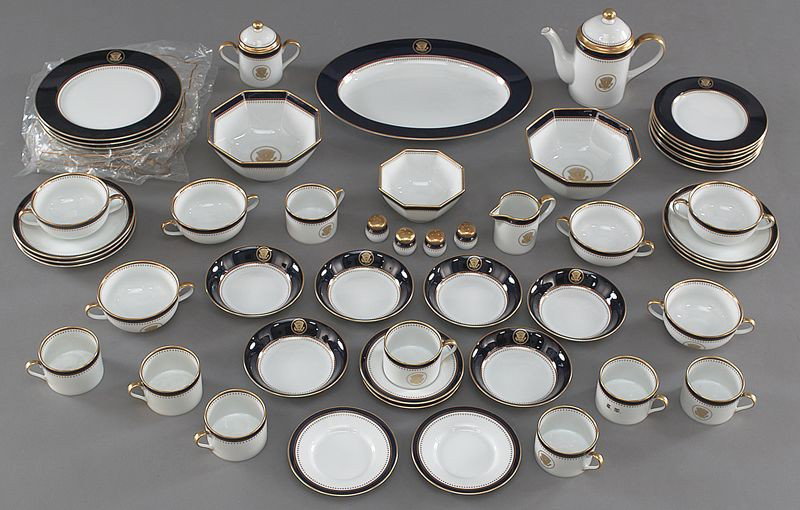 49 Pcs. Ronald Reagan presidential dinner service,: 49 Pcs. Ronald Reagan presidential dinner service, including: (6) luncheon plates; (6) salad plates; (6) coffee cups and (4) saucers; (6) soup bowls with saucers; (2) sets of salt and pepper shakers; 