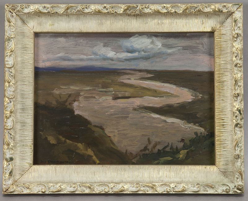 Jan Stanislawski, oil painting on canvas: Jan Stanislawski, oil painting on canvas depicting a Polish landscape. Canvas: 9.5"H x 12.75"W; Frame: 12.75"H x 16.25"W. Signed lower left, "Jan Stanislawski". Jan Stanislawski (Polish, 1860-1907) wa