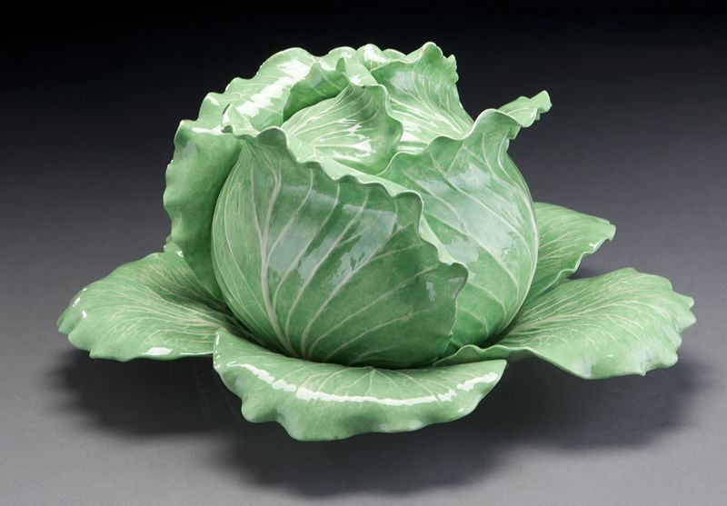 Dodie Thayer "Lettuce Leaf" glazed pottery tureen,: Dodie Thayer "Lettuce Leaf" glazed pottery tureen, with cover and underplate. Both signed, "Dodie Thayer"; underplate also signed "Jupiter, Fla." Tureen: 7''H with lid; plate: 14'' Dia., Circa - Mid 2