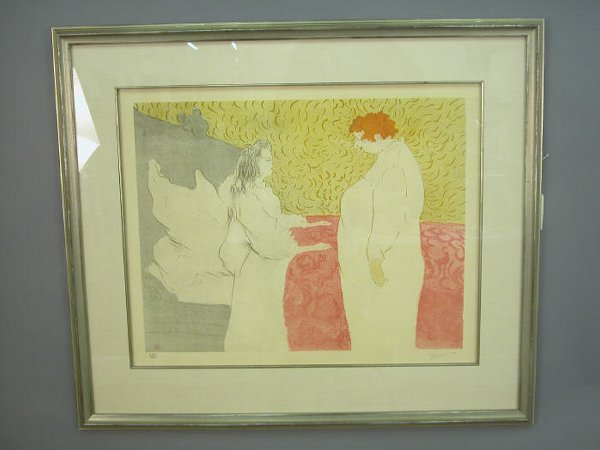 Henri Toulouse-Lautrec signed (LL) litho: Henri Toulouse-Lautrec signed (LL) lithograph titled "Femme au lit, profil, au petit lever" in color. Print number 220/275 as noted in the bottom left hand corner. Second signature in the (LR) indicat