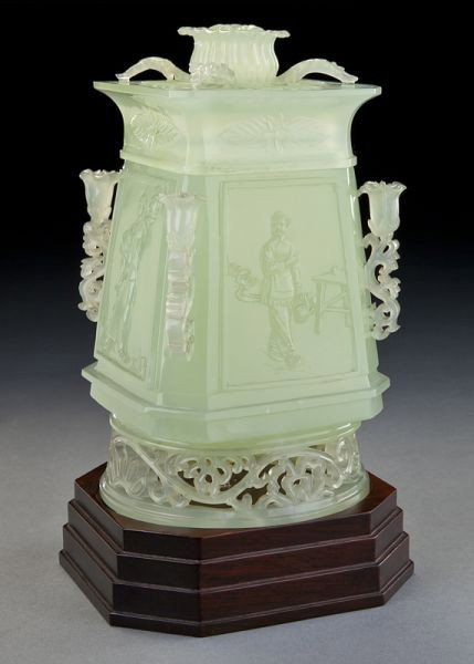 Chinese Cultural Revolution carved Mughal style: Chinese Cultural Revolution carved Mughal style serpentine jade vase depicting the figures of the Peking Opera in "The Red Lantern". 7.5"H, Circa - 1960.