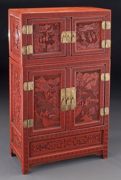Chinese carved cinnabar stacking table cabinet.: Chinese carved cinnabar stacking table cabinet. 27.25"H x 15.75"W x 8"D, Circa - 20th C.