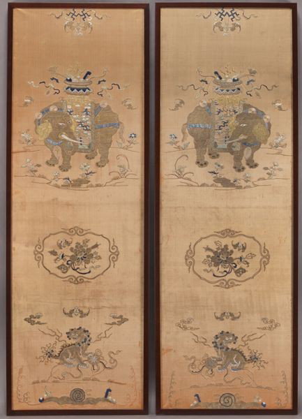 Pr. Chinese Qing Qianlong embroidered panels: Pr. Chinese Qing Qianlong embroidered panels depicting elephants carrying vases on their backs, with lions, peonies and bats. 59"H x 19.5"W, Circa - 18th C.