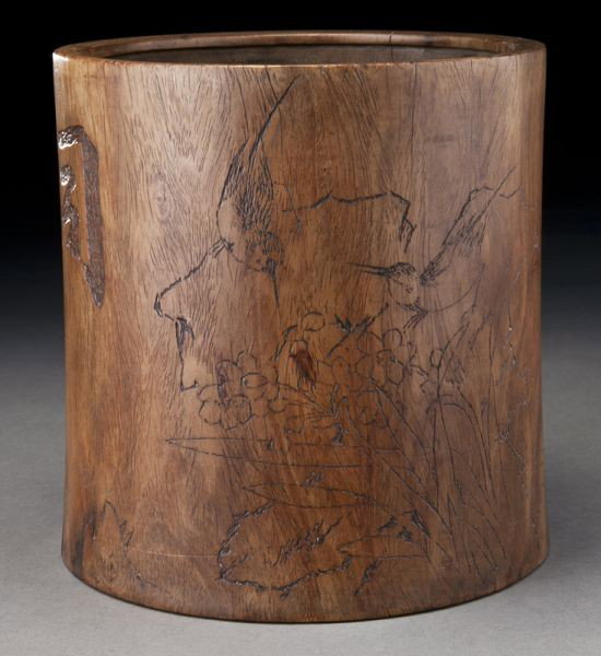 Chinese Qing Huanghuali brush pot: Chinese Qing Huanghuali brush pot depicting flowers, birds and calligraphy, signed. 8"H x 8" Dia., Circa - 18th - 19th C.