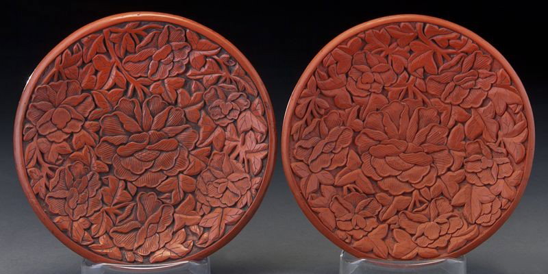 Pr. Chinese Ming carved cinnabar plates: Pr. Chinese Ming carved cinnabar plates depicting peony blossoms. 6" Dia., Circa - 16th - 17th C.