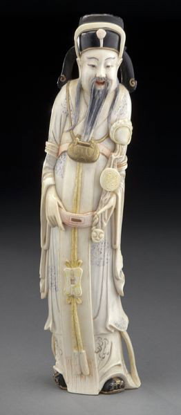 Chinese Qing polychrome ivory God of Prosperity: Chinese Qing polychrome ivory God of Prosperity (International shipping IS NOT available on this lot) holding a ruyi scepter. 12"H, Circa - Late 19th C.