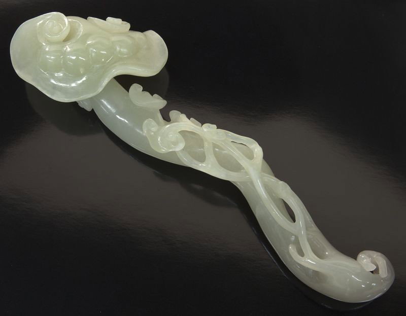 Chinese carved jade ruyi scepter,: Chinese carved jade ruyi scepter, shaped as a lingzhi. 8"L, Circa - 20th C.