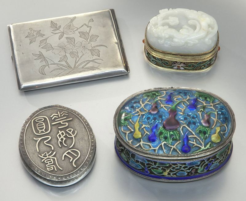 4 Pcs. Chinese silver, including:: 4 Pcs. Chinese silver, including: (1) card case, marked on the interior, 4"L; (1) cosmetic box with six characters 3"L; (1) enamel and silver box depicting double gourds 2''H x 4''W; and (1) jade topp