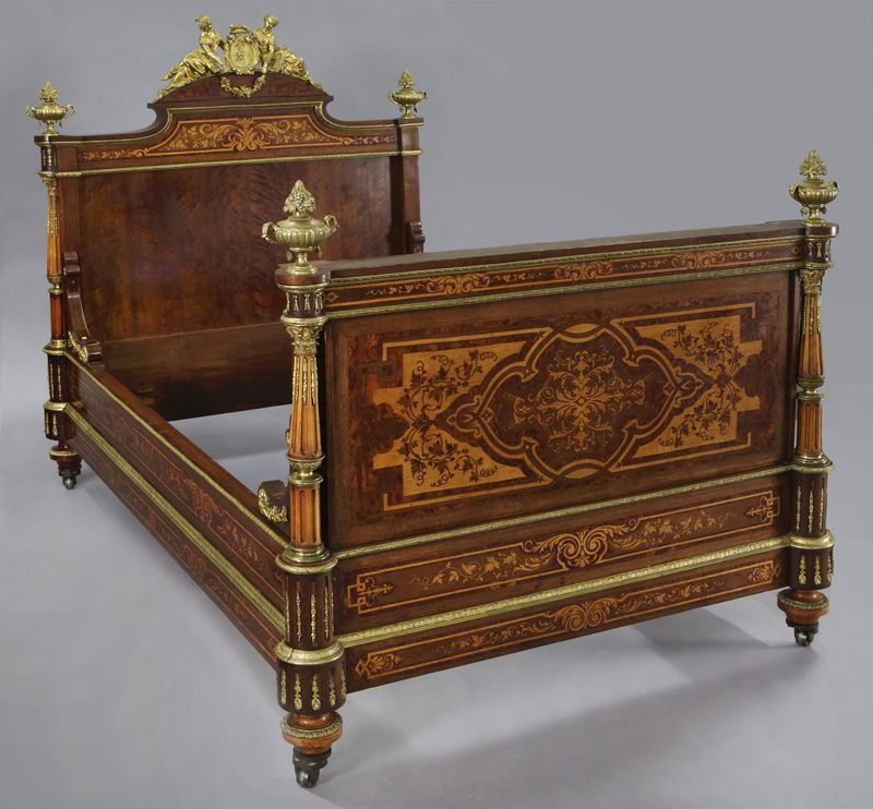 Louis XVI style ormolu mounted marquetry bed,: Louis XVI style ormolu mounted marquetry bed, the headboard having an ormolu crest depicting two beauties centered by a floral medallion, above a marquetry inlaid frieze of foliate scrolls, with flora