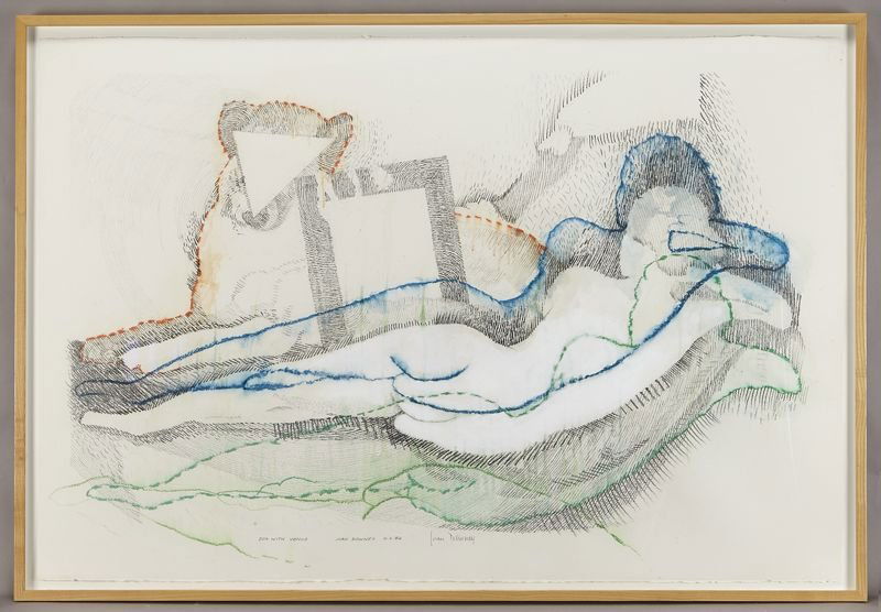 Juan Downey, "Dog with Venus" mixed media on: Juan Downey, "Dog with Venus" mixed media on paper. Paper: 40"H x 59.75"W; Frame: 43"H x 63"W. Signed lower middle, "Juan Downey"; titled and dated lower middle, "Dog with Venus, Juan Downey N.Y. 82".