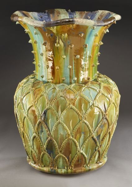 Kate Malone, "Giant Artichoke" crystalline-glazed: Kate Malone, "Giant Artichoke" crystalline-glazed stoneware hand-built vase. Vase: 40.5"H; 29" Dia. Signed and dated underneath vase, "Kate Malone 1999". Kate Malone (British, b. 1959) works in three
