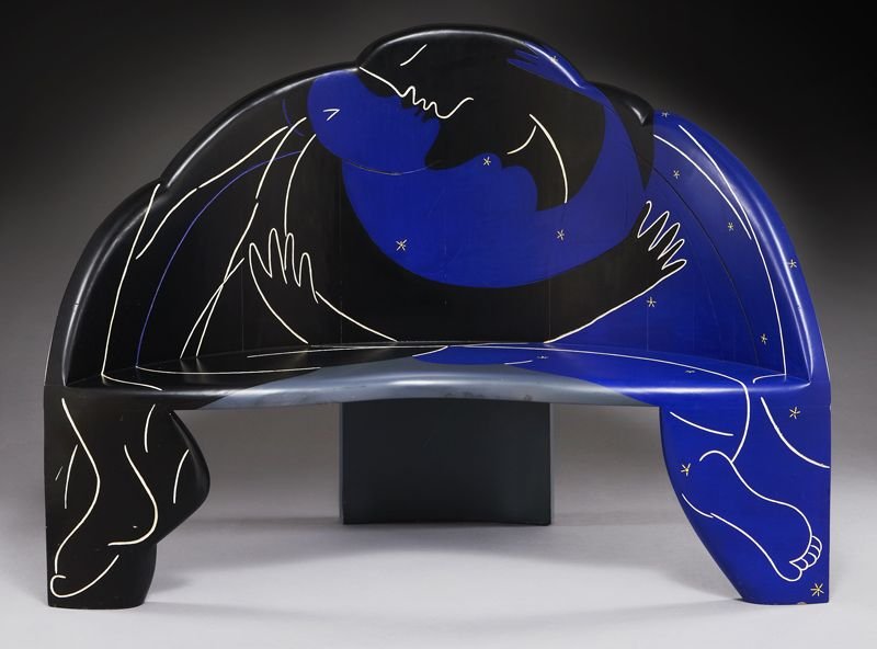 Alan Siegel bench sculpture, "The Lovers",: Alan Siegel bench sculpture, "The Lovers", the hardwood bench depicting two lovers embracing. Signed, "Siegel 1985". Alan Siegel (American, b. 1938). 41"H x 47"W x 23"D.