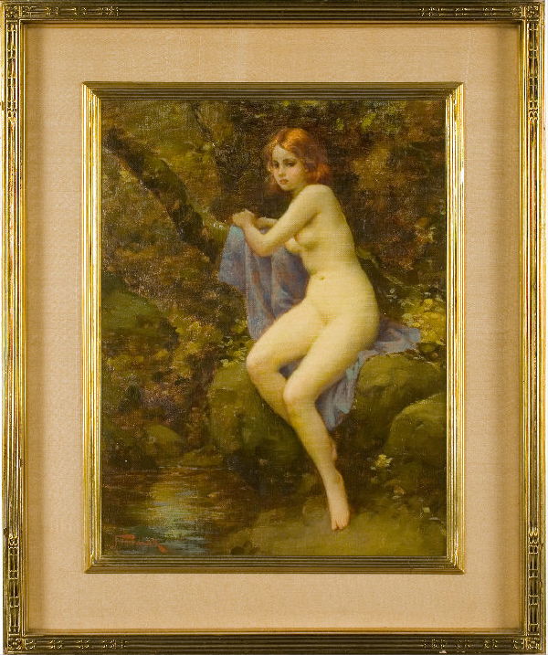 Joseph Tomanek oil painting on canvas titled,: Joseph Tomanek oil painting on canvas titled, "Aurora the Dawn." Joseph Tomanek (American 1879-1974) was a Chicago artist best known for his nudes posed in lush forest or marine settings. Old label on