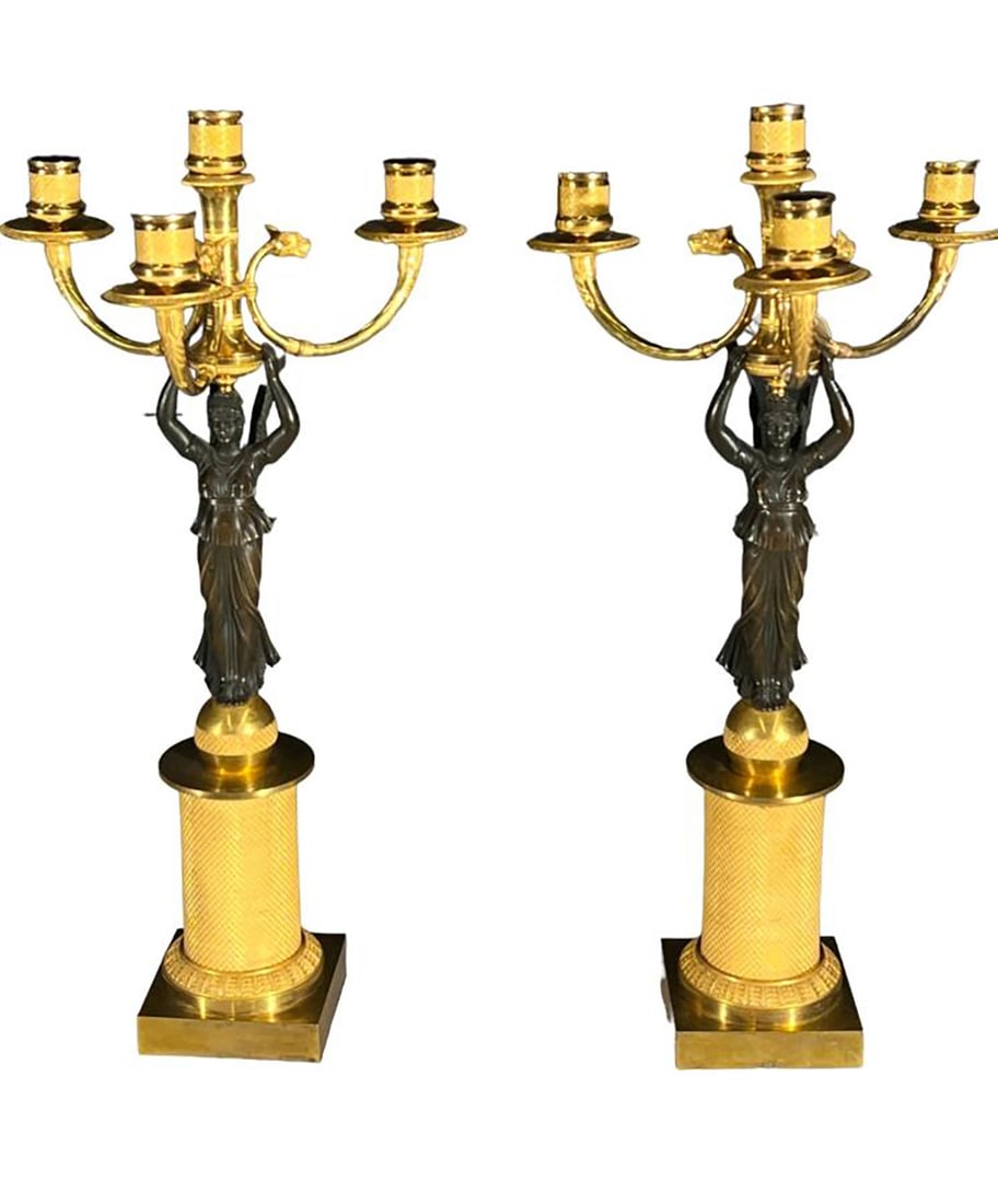 PAIR OF GILT BRONZE FRENCH EMPIRE STYLE CANDELABRU (1 of 5)