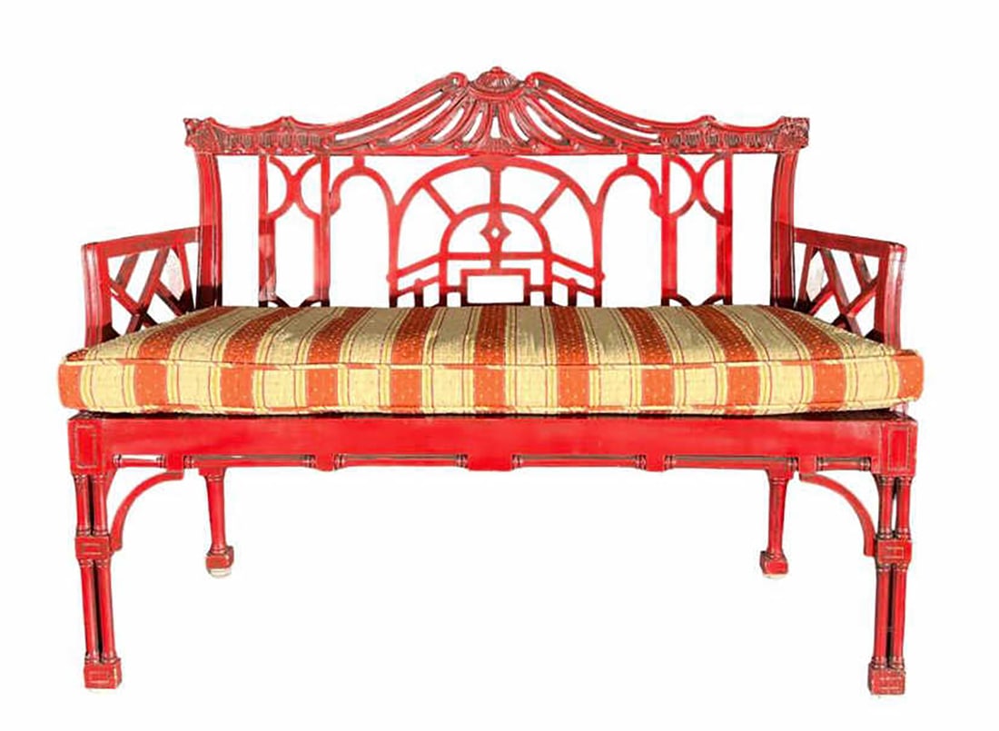 RED LAQUERED CHINESE CHIPPENDALE CHAIR - CANE SEAT: RED LAQUERED CHINESE CHIPPENDALE CHAIR - CANE SEATING (57) 48W X 19D X 37H