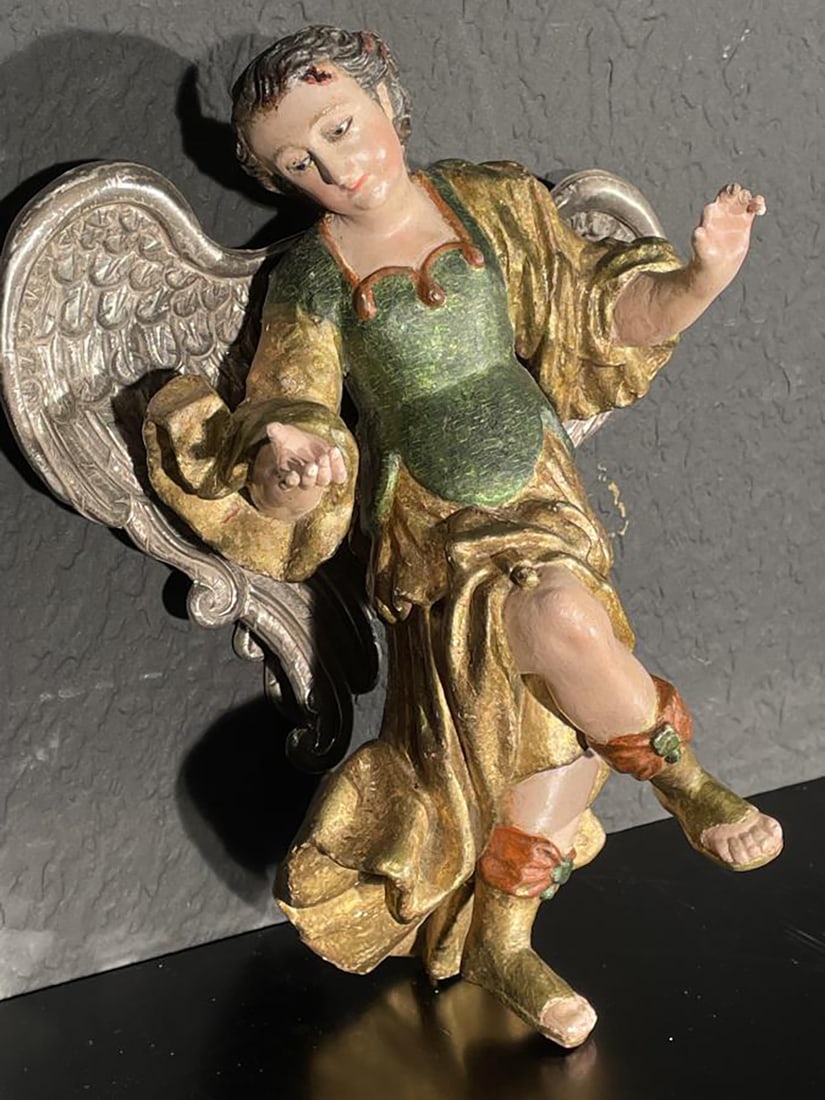 18th C Painted Wooden Carved Angel with Metal Wing (1 of 5)