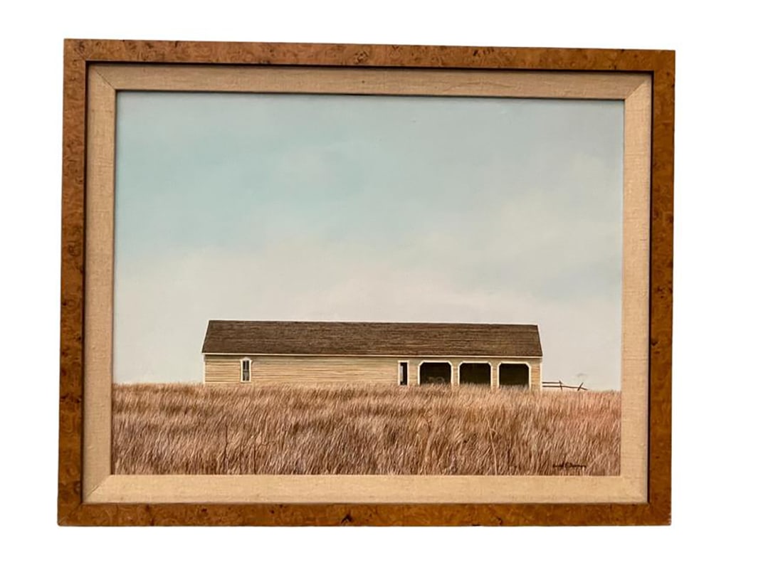 Ancel Nunn "Untitled (Barn)" Oil on Board: Ancel Nunn "Untitled (Barn)" oil on board. Signed lower right "Ancel E. Nunn". Board: 18"H x 24"W, frame: 22"H x 27.75"W. Ancel E. Nunn (American/Texas, 1928-1999).