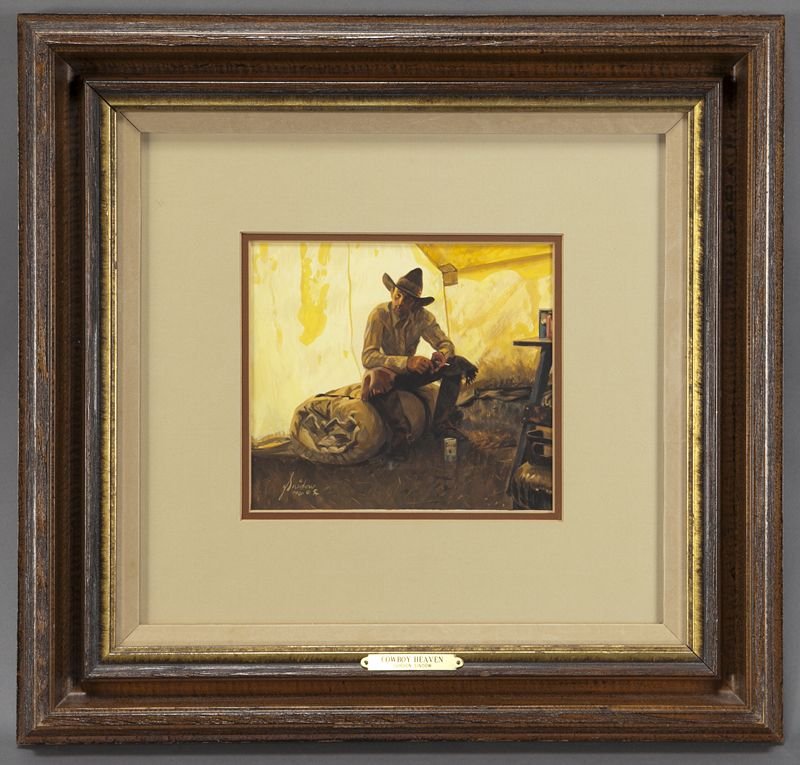 Gordon Snidow, "Cowboy Heaven" gouache on board.: Gordon Snidow, "Cowboy Heaven" gouache on board. Image: 7"H x 8"W; Frame: 18.5"H x 19.5''W. Signed and dated lower left, "Snidow 1980 CA". Gordon Snidow (American, b. 1936) paints cowboy genre pieces 