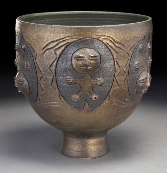 Edwin and Mary Scheier glazed earthenware bowl,: Edwin and Mary Scheier glazed earthenware bowl, the bronzed body molded with primitive forms. Signed on foot, "Scheier". 8.25''H x 8'' Dia., Circa - Second half 20th C.