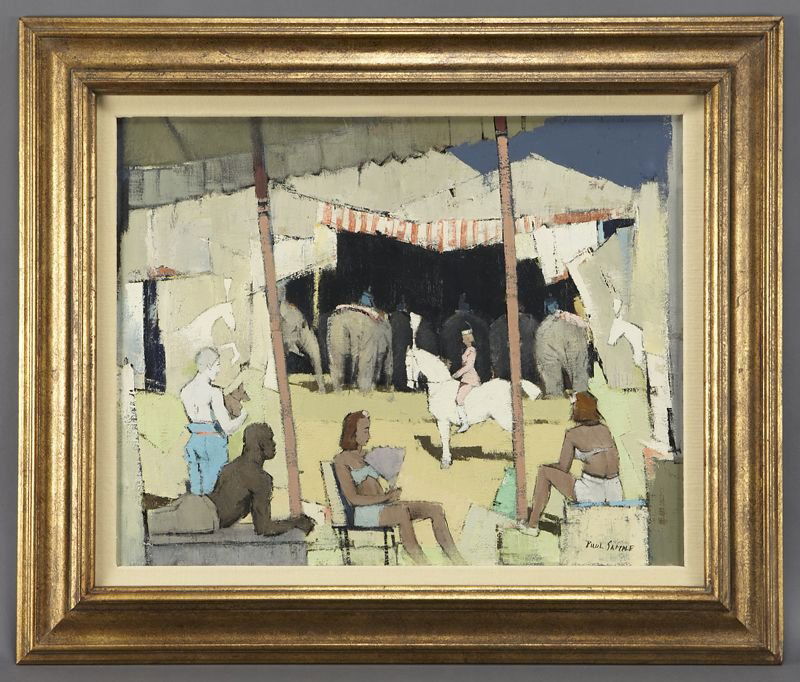 Paul Sample, "Circus Yard" oil painting on canvas.: Paul Sample, "Circus Yard" oil painting on canvas. Canvas: 24"H x 30.25"W; Frame: 33.5"H x 39.5"W. Signed lower right, "Paul Sample". Paul Starrett Sample (American, 1896-1974) was known as a Regional