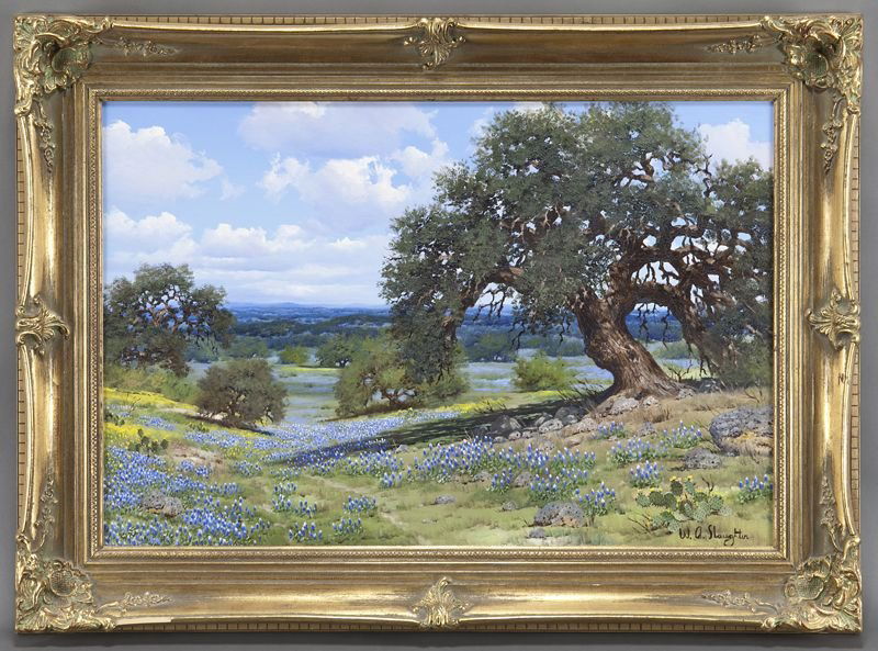 William A. Slaughter, "Bluebonnets" oil painting: William A. Slaughter, "Bluebonnets" oil painting on canvas. Canvas: 24"H x 36"W; Frame: 32.5"H x 44.5"W. Signed lower right, "W. A. Slaughter". William A. Slaughter (American, 1923-2003) was best know
