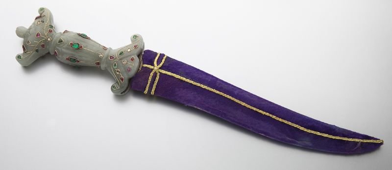 Mughal dynasty jade handled dagger,: Mughal dynasty jade handled dagger, the gold thread inlaid Damascus blade measures 10.75"L, the gem and diamond studded jade handle measures 6.25"L, Circa - 18th - 19th C.