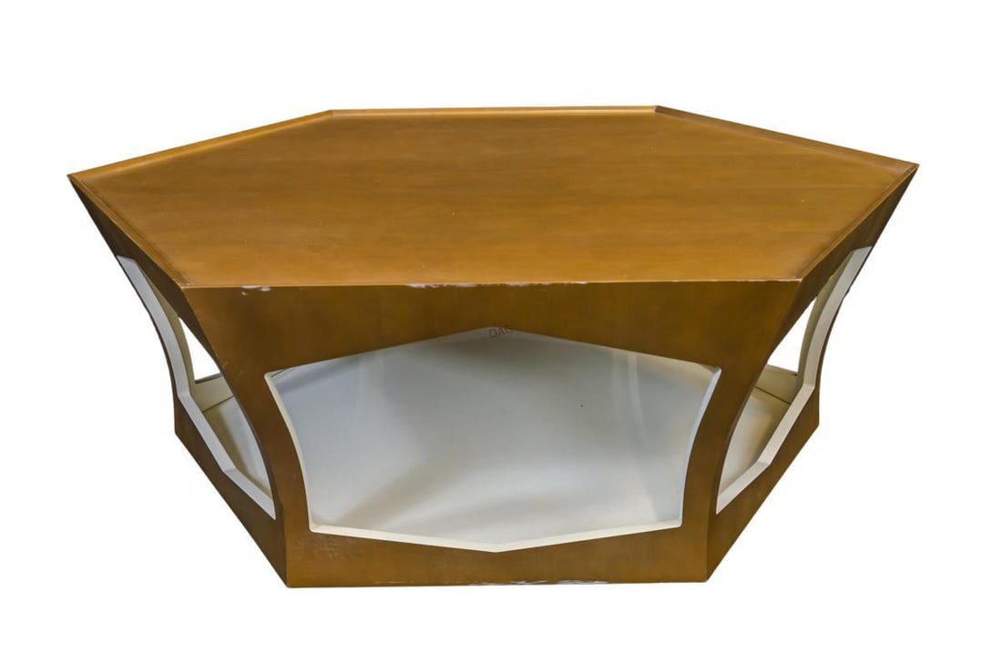 Six-sided low coffee table. Light brown wood.: Six-sided low coffee table. Light brown wood. H 16.5 W 48 in H 16.5 W 48 in
