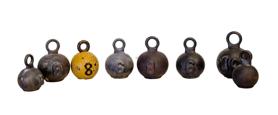 Collection of 8 metal weights, decorative. H 5.5": Pair of stone and metal weights. H 14" W 6"W 3.5 H 14 W 6