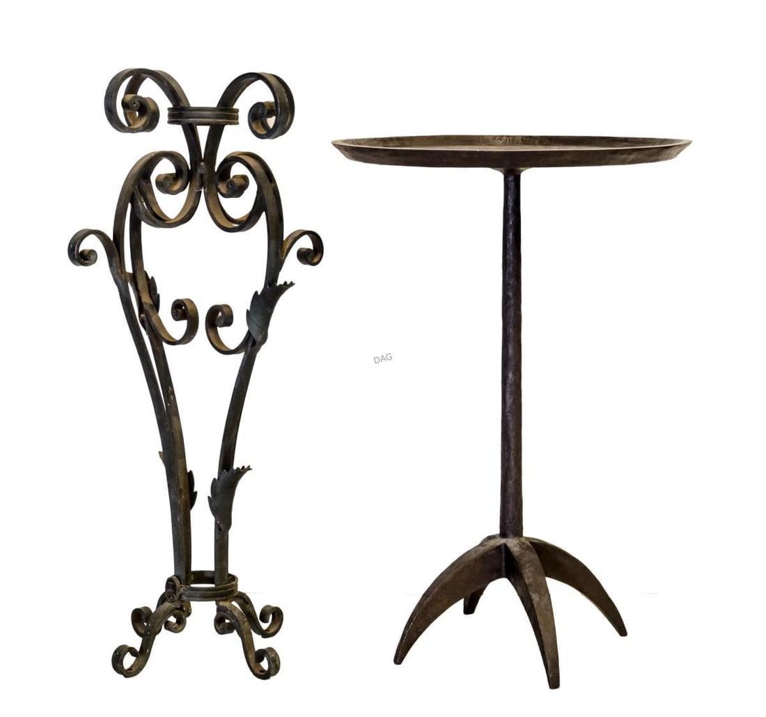 Pair of Metal Decorative objects: Pair of metal objects: One decorative stand and side table. H 24 W 14.5 H 24 W 14.5 in