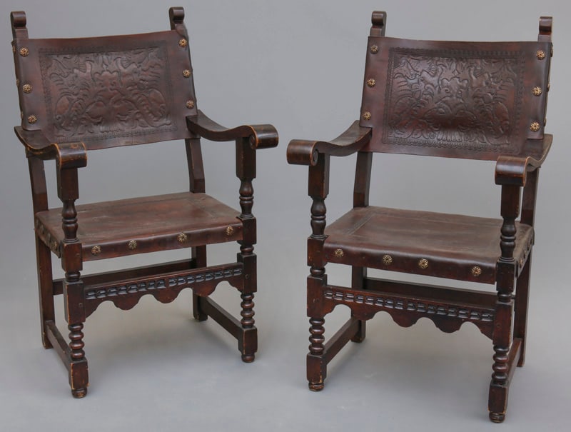 Pr. Spanish Tooled Leather Armchairs, (1 of 8)