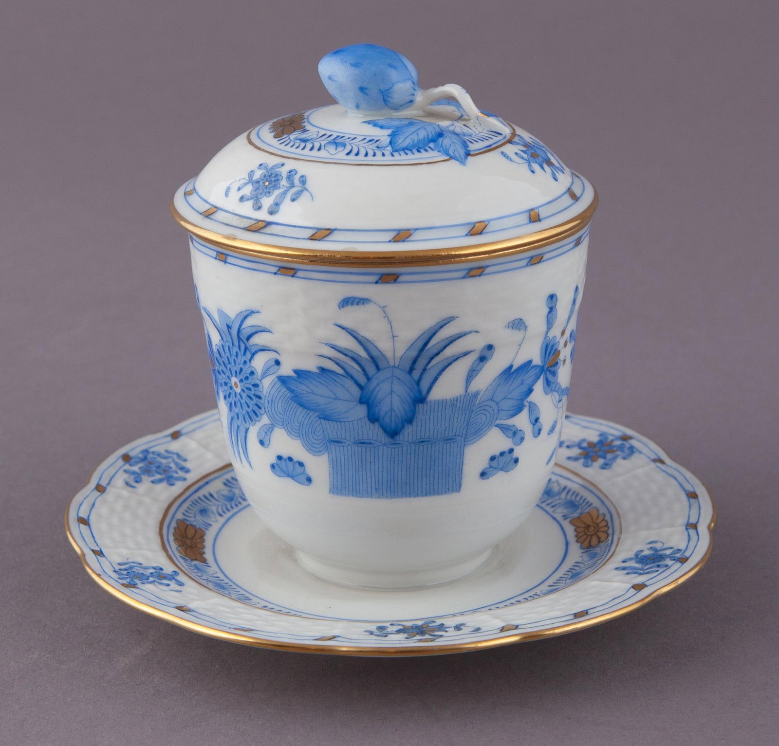 Herend Chinese Bouquet Sugar Bowl: Herend porcelain blue, white and gold gilt lidded sugar bowl, signed on the underside. H 4 x W 5 in