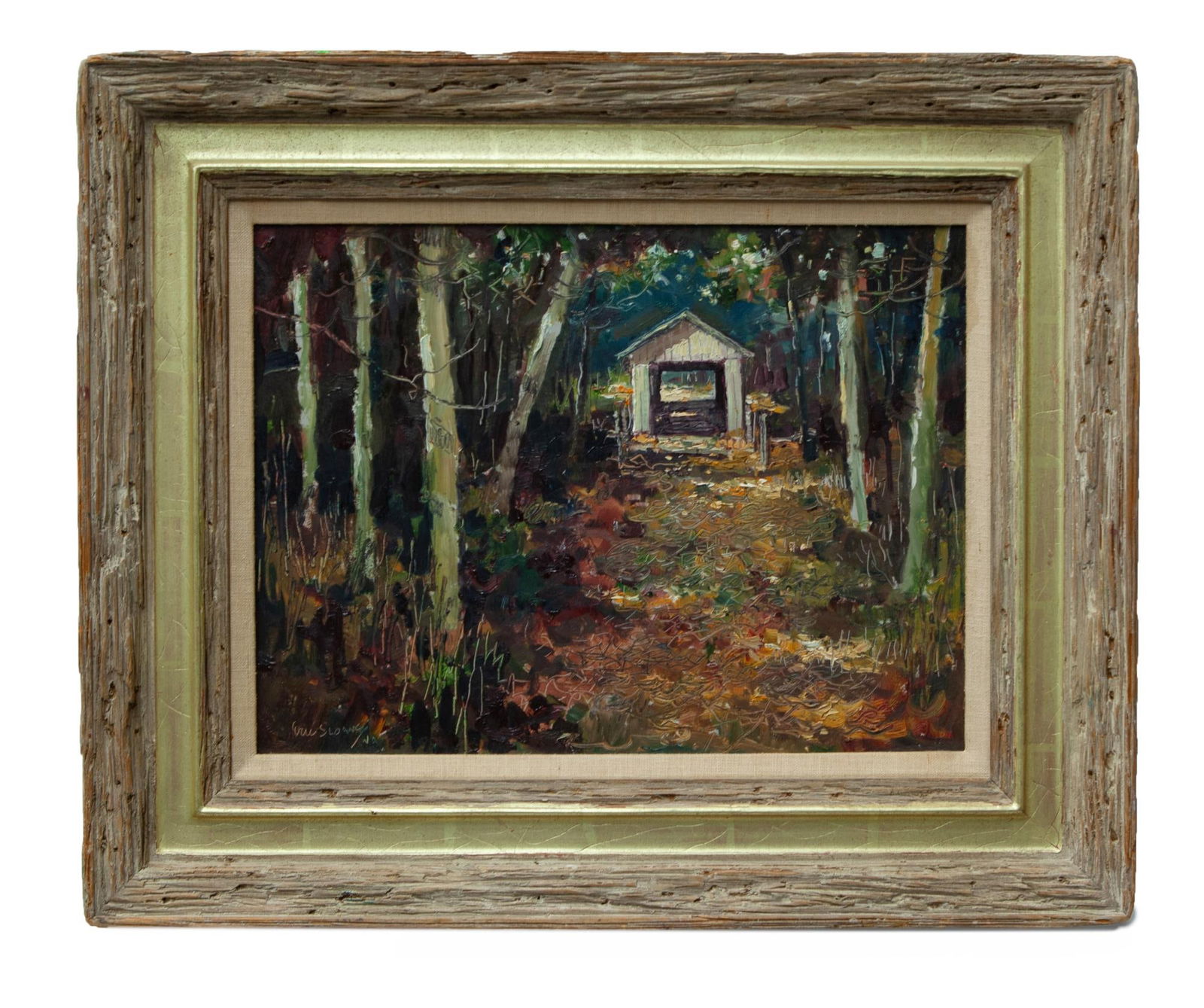 Autumn Leaves by Eric Sloane: Eric Sloane (1905 -1985) United States of America. Autumn Leaves. Oil on Board, framed. H 18.5 x W 22.5 in Painting by American artist Eric Sloane, in good condition. Framed and signed.