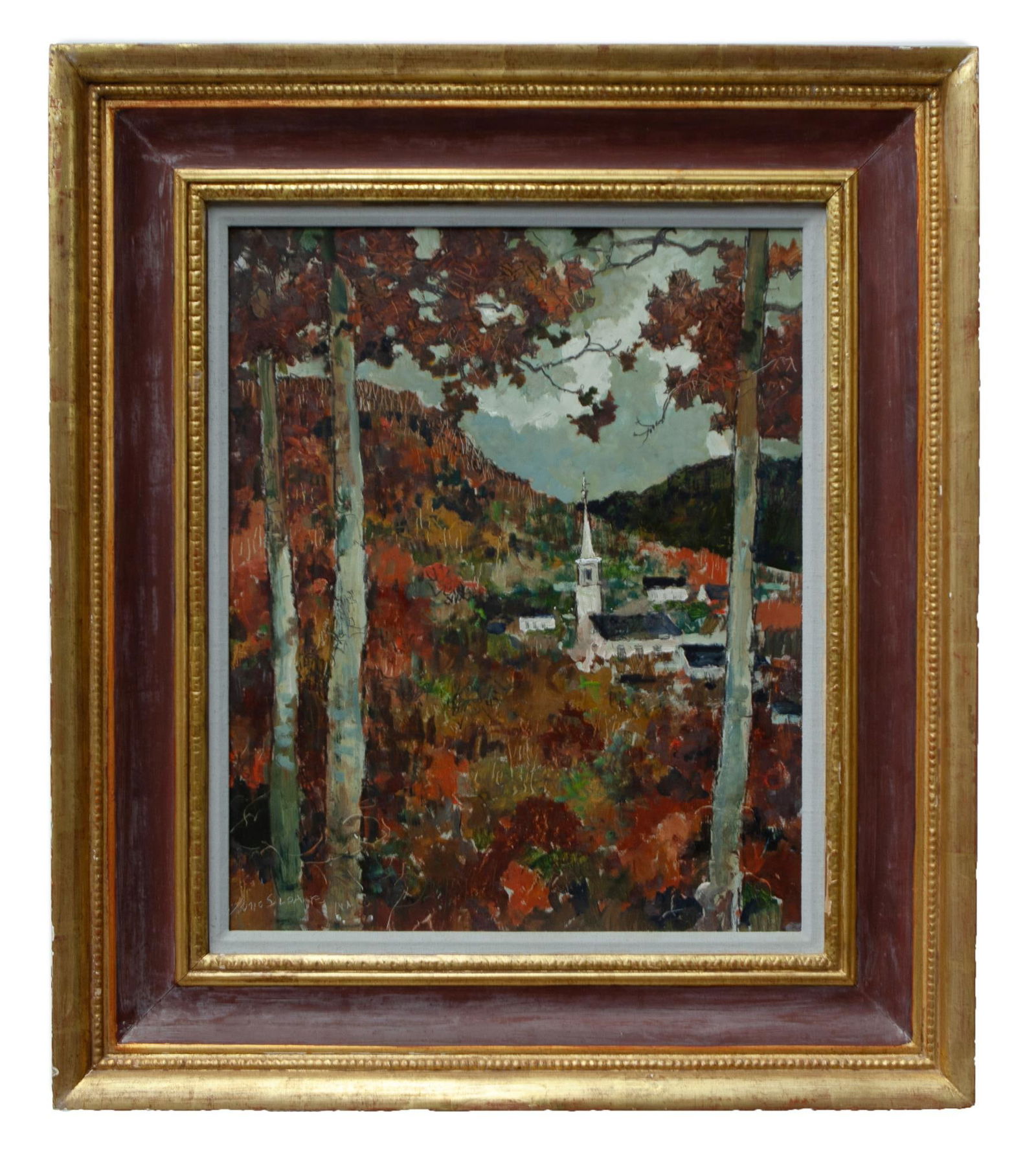 Church Steeple by Eric Sloane: Eric Sloane (1905 -1985) United States of America. Church Steeple. Oil on board. H 29.5 x W 25.5 in. Beautiful oil painting by American artist Eric Sloane, framed and signed. In good condition.