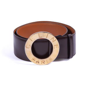 Celine Black Ladies Belt: Wide leather belt with gold buckle. Measuring 36 in long. Size 80.