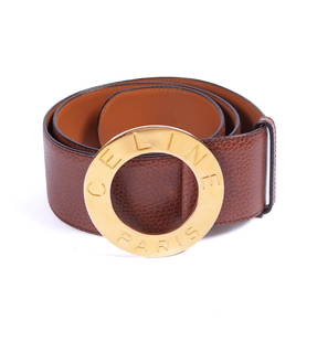 Celine Brown Ladies Belt: Wide leather belt with gold buckle. Measuring 37 in long. Size 85.