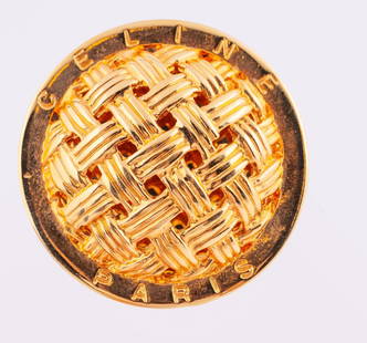Celine Basketweave Brooch: Gold tone brooch measuring 1 in, comes with original dust bag.