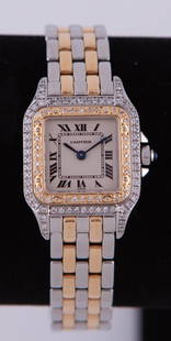 Ladies Cartier Watch Panthere: Panthere two tone case and band with diamond bezel and sapphire wind. Quartz SMK18YG