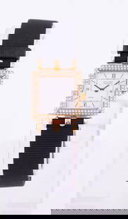 Van Cleef & Arpels Watch: Classique watch, ladies, rose gold with diamond bezel. Original band. Measuring 8 in.