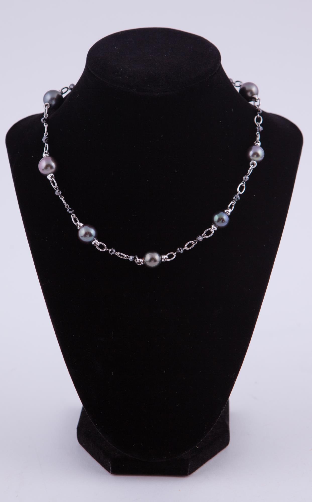 Pearl Necklace: Tahitian Pearls, black diamonds and white gold necklace. L 16.5 in