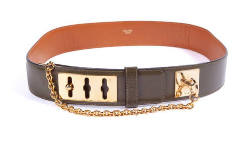 Celine Leather Belt: Olive green with gold tone hardware. Sz 60.