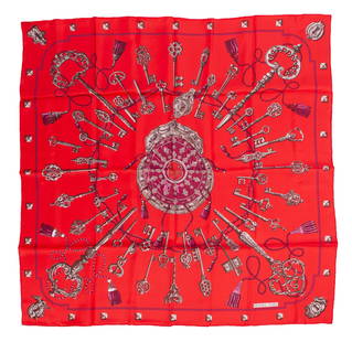 Hermes Silk Scarf: Vintage red silk scarf Les Cles Measuring 34 x 34 in As new.