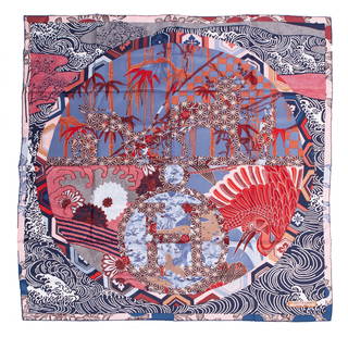 Hermes Scarf: Hermes silk scarf Ex Libris en Kimonos. Measuring 34 x 34 in