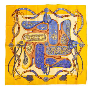 Hermes Scarf: Yellow and blue Festival. Measuring 34 x 34 inches.