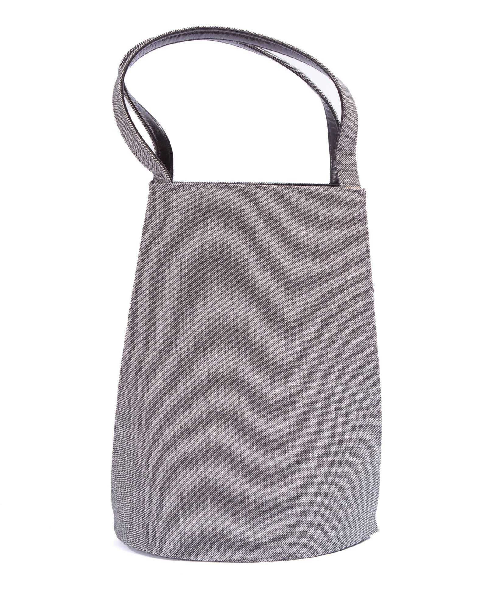 Charles Jourdan Handbag: Grey fabric handbag. Sides in black leather. Measuring 9.5 tall x 7 inches diameter.