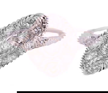 Antique Wedding Ring: Three center stones 3mm ea with an engraved top with 6 smaller diamonds on platinum. Size 6. - 4.1g