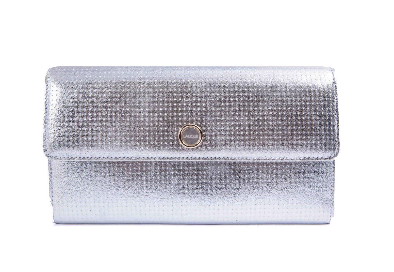 Lalique Leather Wallet with Glass Button: New in the box, silver leather wallet with glass closure. Comes with box and inner paper. Measuring: H 4 W 7.5 D 1