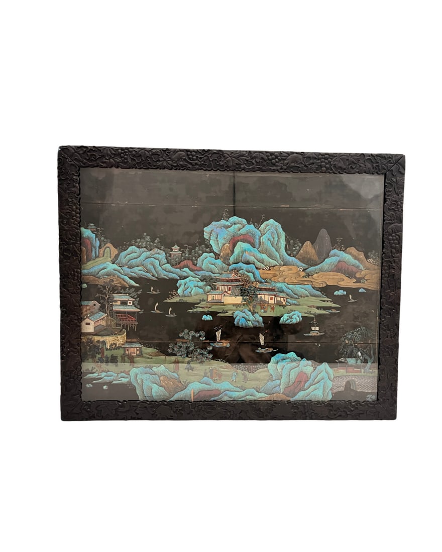Chinese Qing Zitan Framed Diancui Screen Panel: Depicting a temple under a mountain in front of a river. Some tourists sightseeing on the other bank. 18th Century.