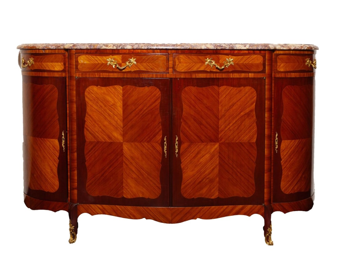 Inlay Wood Credenza With Marble Top: Beautiful inlay light wood credenza with marble top and gold handles. Measuring H 42 W 71 in.