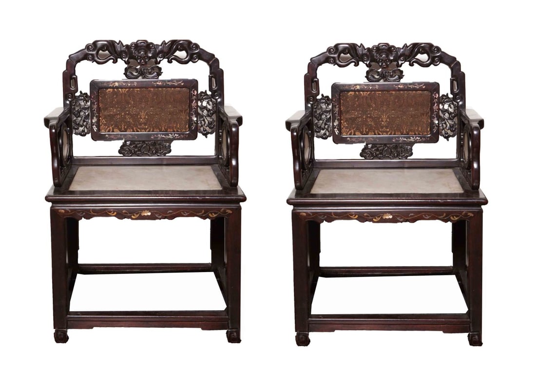 Pr. Chinese Qing Rosewood Armchairs (1 of 7)