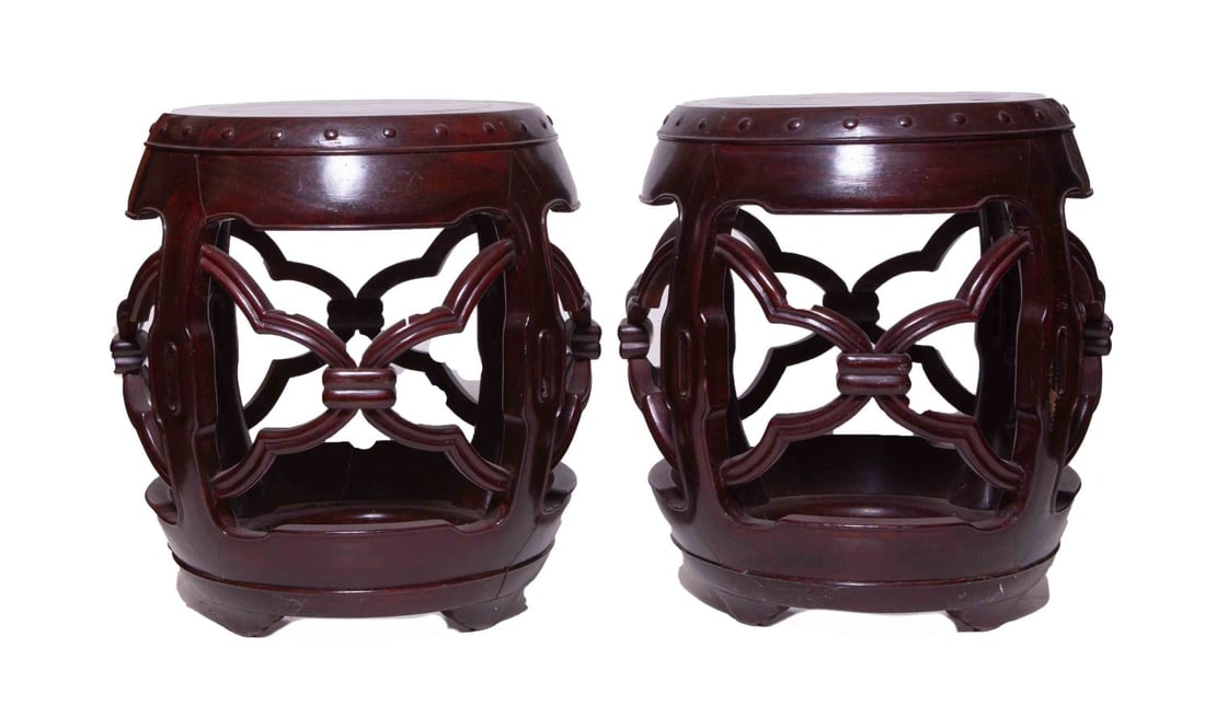 Pair of Round Chinese Wooden Tables: Round tables with marble tops. Measuring: H 16 1/16 W 16 1/8 D 16 1/8 inches